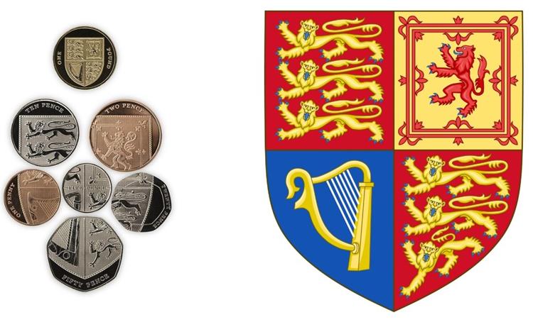 Escudo de Armas Real de Reino Unido en las monedas de la libra
